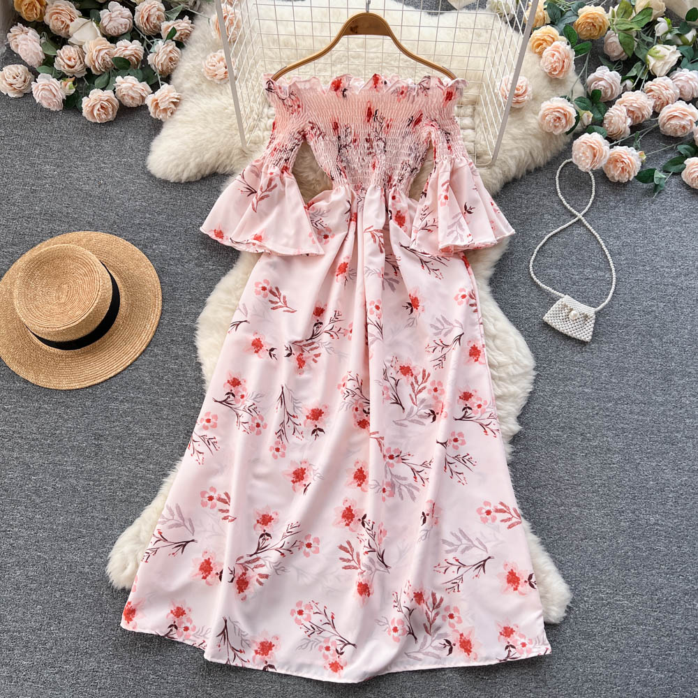 Off-shoulder Flared Sleeve Floral Dress