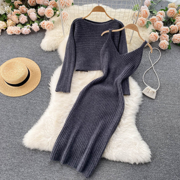 Chic Jersey&Halter V-neck Dress 2Pcs