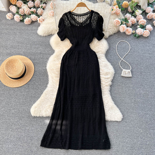 Solid Color V-neck A-line Dress