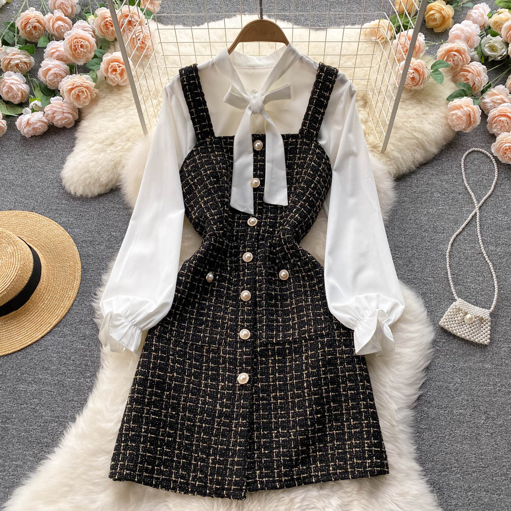 Bow-tie Tweed White Shirt&Plaid Dress