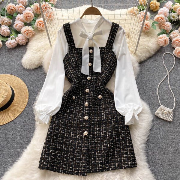 Bow-tie Tweed White Shirt&Plaid Dress