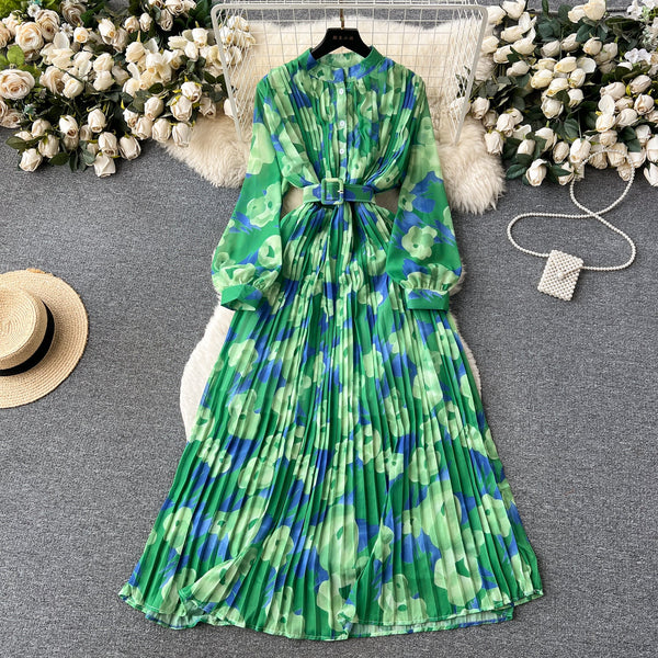 Pleated Floral Printed Shirt Dress