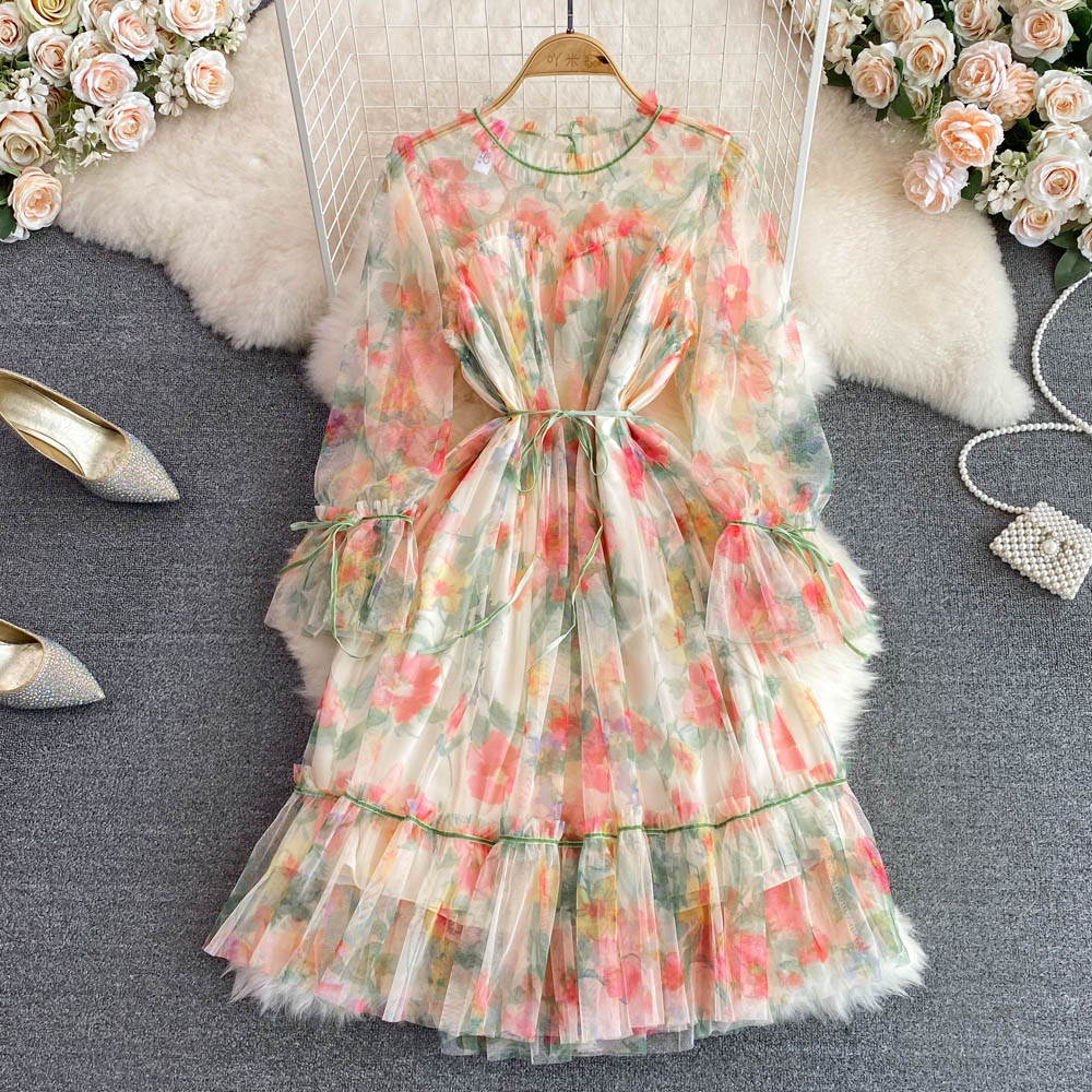 High-end Flared Sleeve Mesh Print Dress