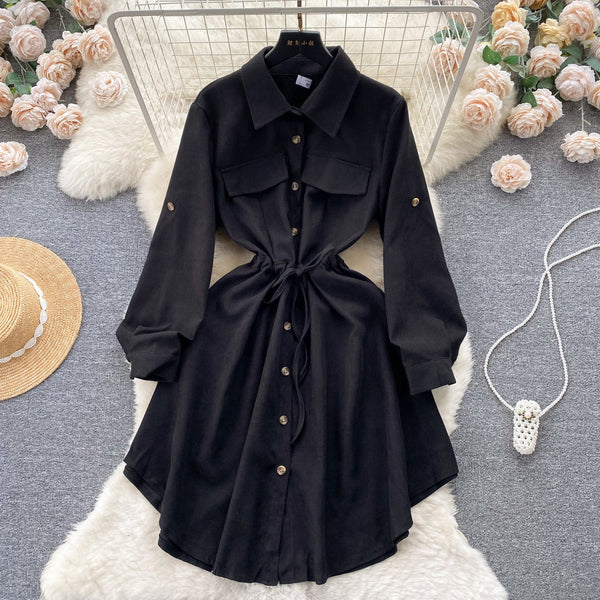 Irregular Design Lapeled Lace-up Shirt Dress