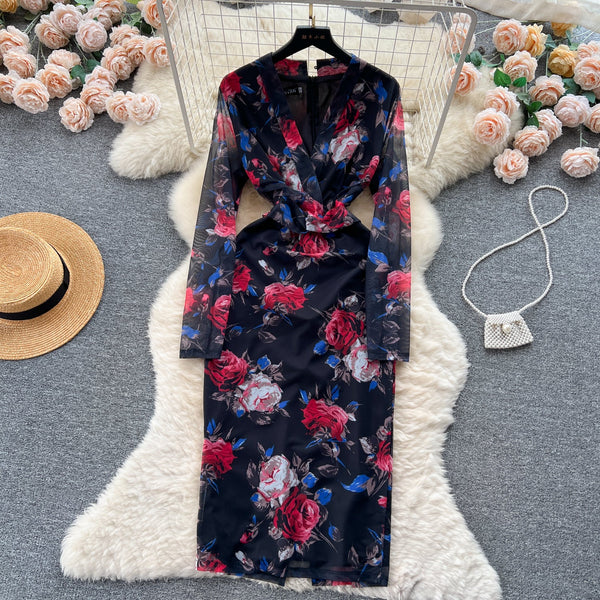 Vintage V-neck Long-sleeve Floral Dress