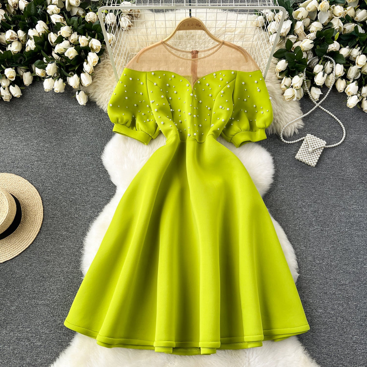 Mesh Neckline Beaded Pleated Dress