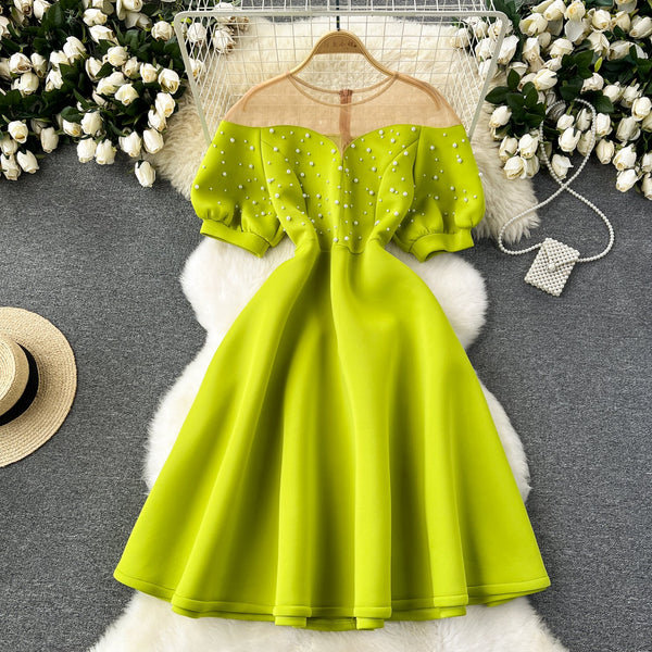 Mesh Neckline Beaded Pleated Dress