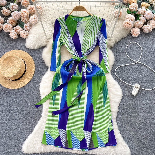Crew Neck Lace-up Printed Dress