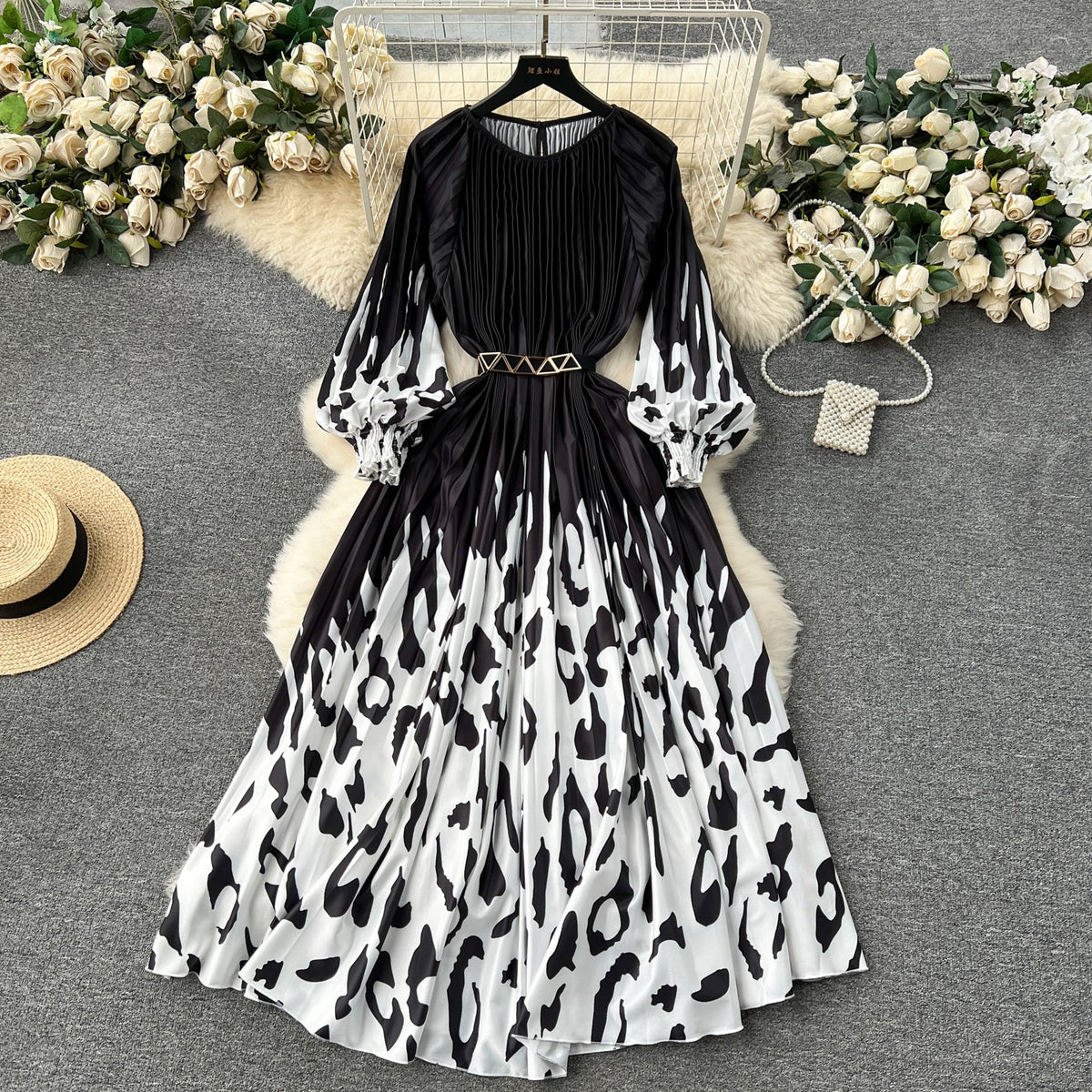 Floral Printed High-waist Pleated Dress