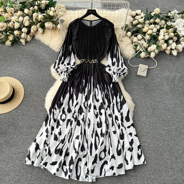 Floral Printed High-waist Pleated Dress