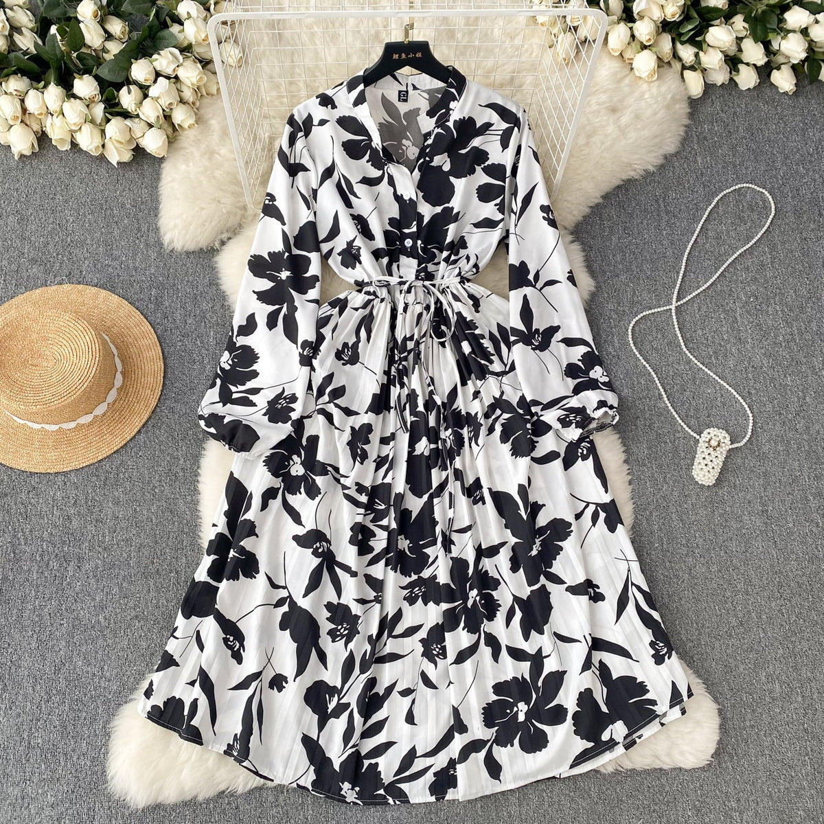 French Style Pleated Printed Dress