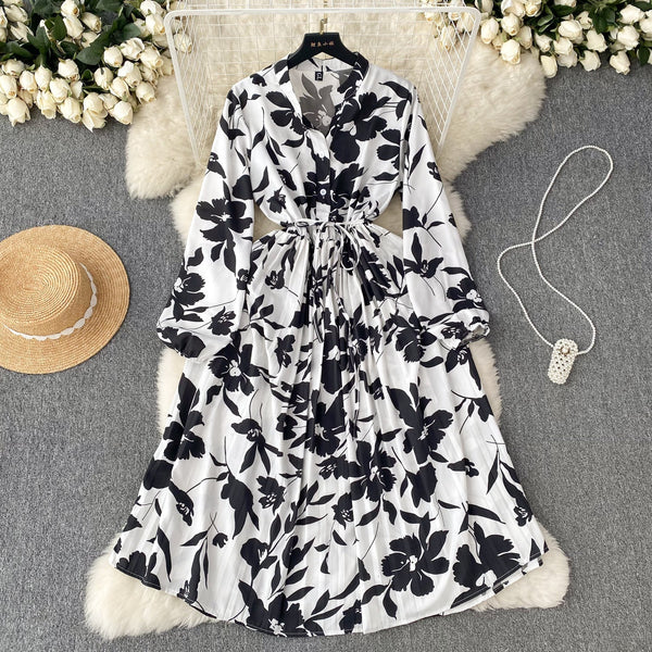 French Style Pleated Printed Dress