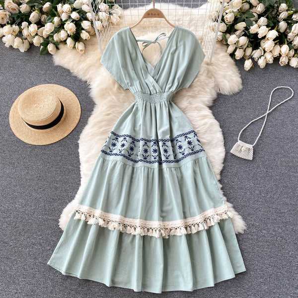 Ethnic Style Embroidered Tassel Dress
