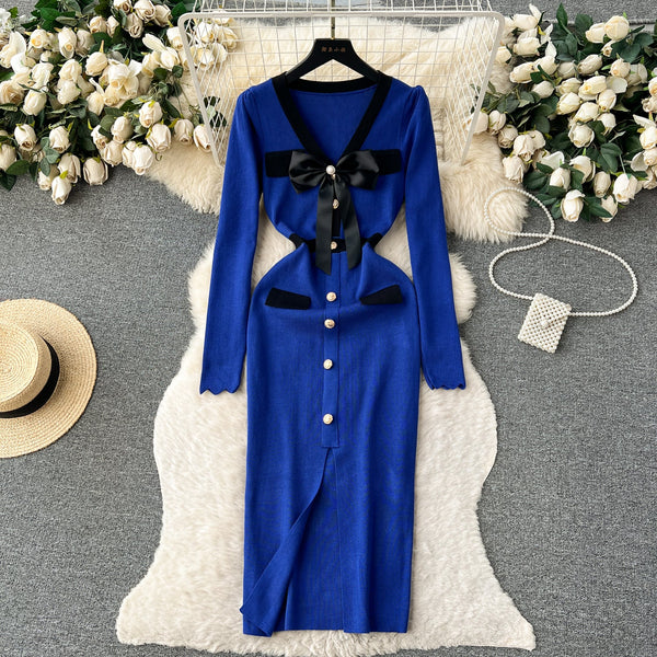 Color Blocking Bow-tie Knitted Dress