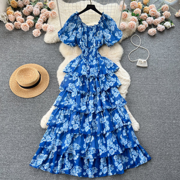 Vintage Puffy Sleeve Floral Cake Dress