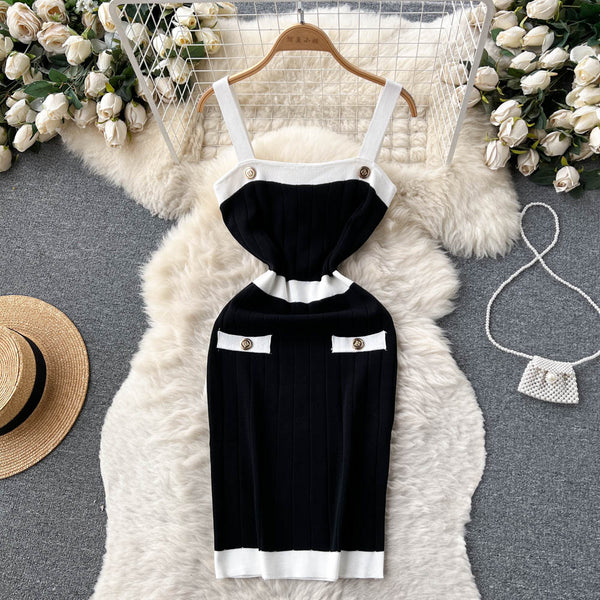 Contrast Color Backless Knitted Slip Skirt