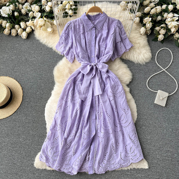 Lapeled Puff Sleeve Hollowed Dress