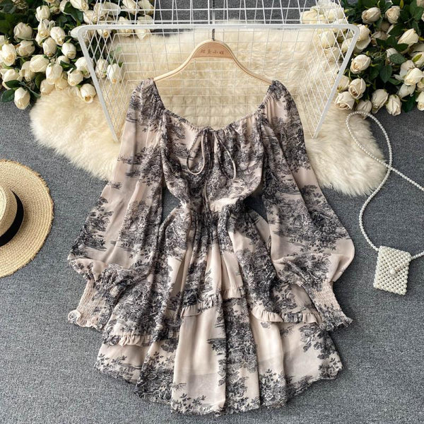 High-end Square Collar Lace-up Floral Dress