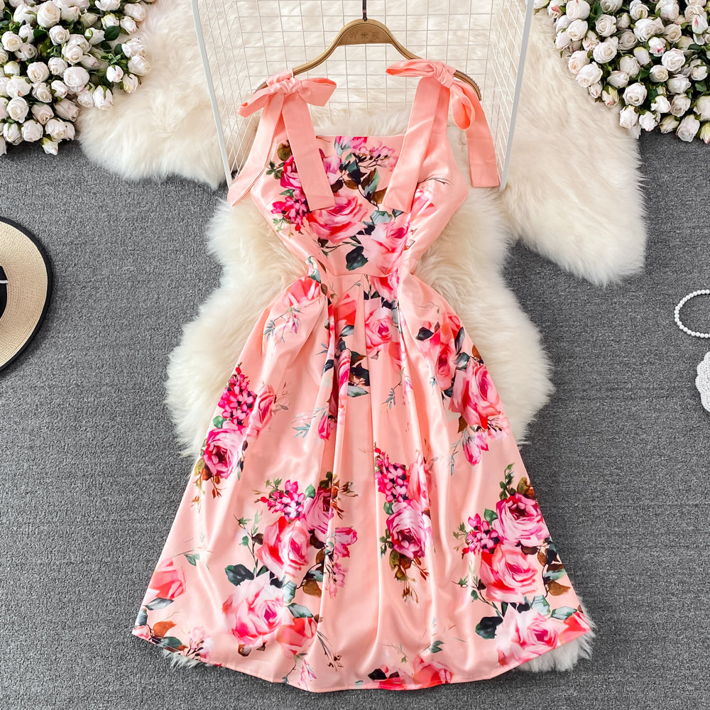 Bow-tie Lace-up Printed Floral Dress