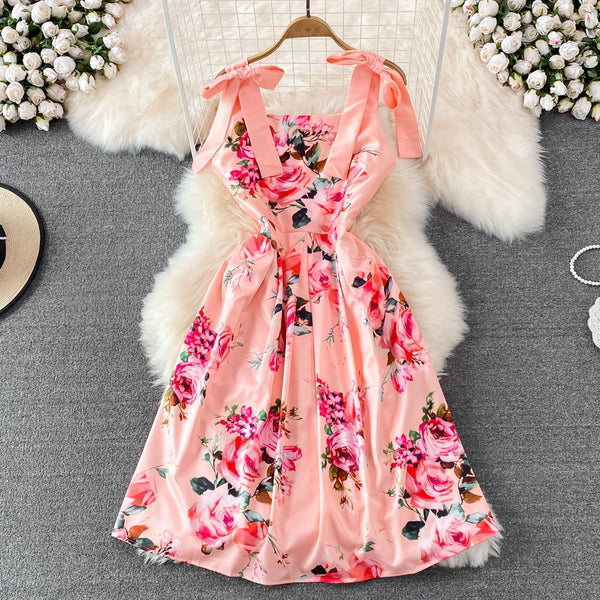 Bow-tie Lace-up Printed Floral Dress