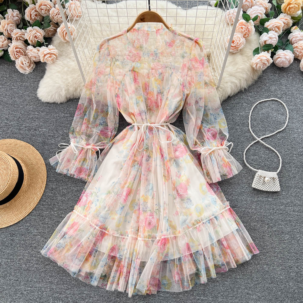 Niche See-through Mesh Floral Dress