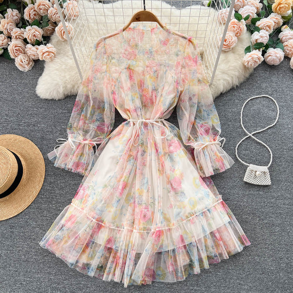 Niche See-through Mesh Floral Dress