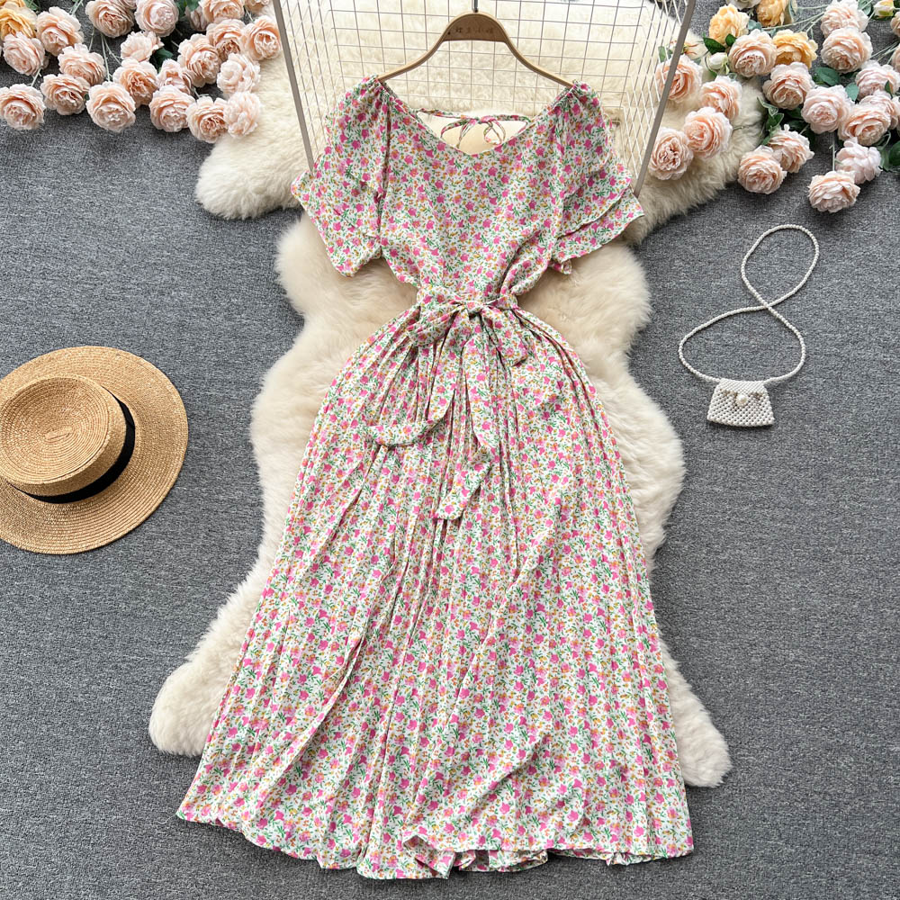 Fairy Pleated Lace-up Floral Dress