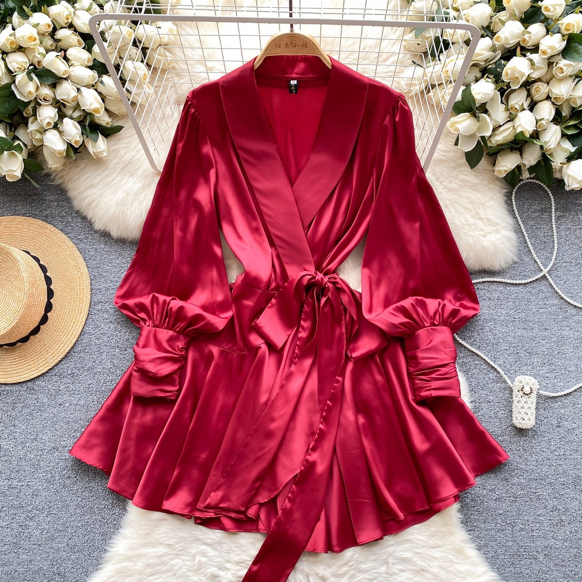 French Style V-neck Satin Wrap Dress