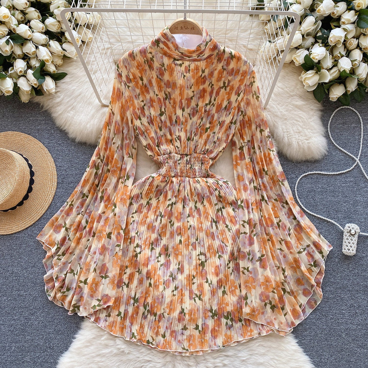 Flared Sleeve Floral Chiffon Dress