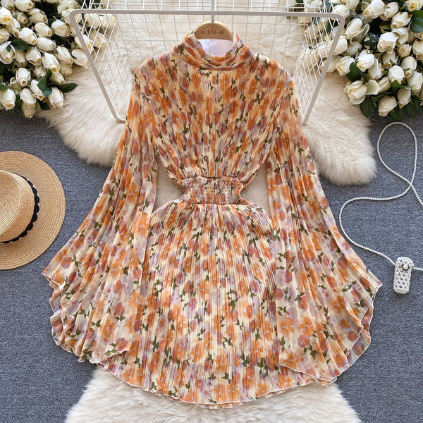 Flared Sleeve Floral Chiffon Dress