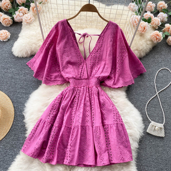 Cut-out Hollowed Puff Sleeve Dress