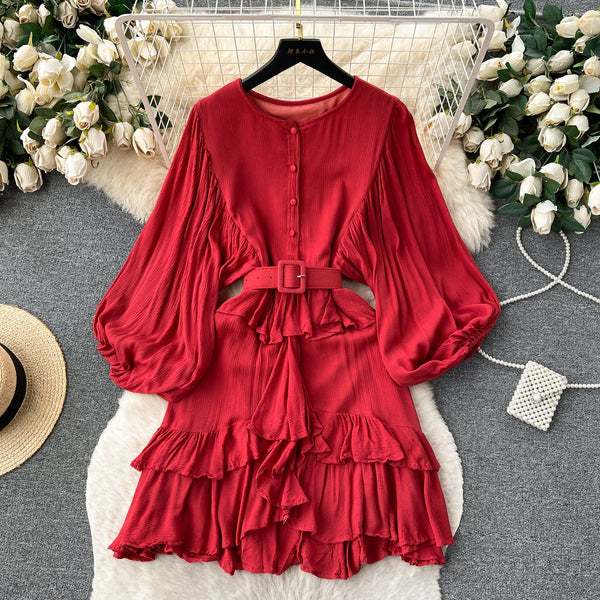 Courtly Puffy Sleeve Ruffled Dress