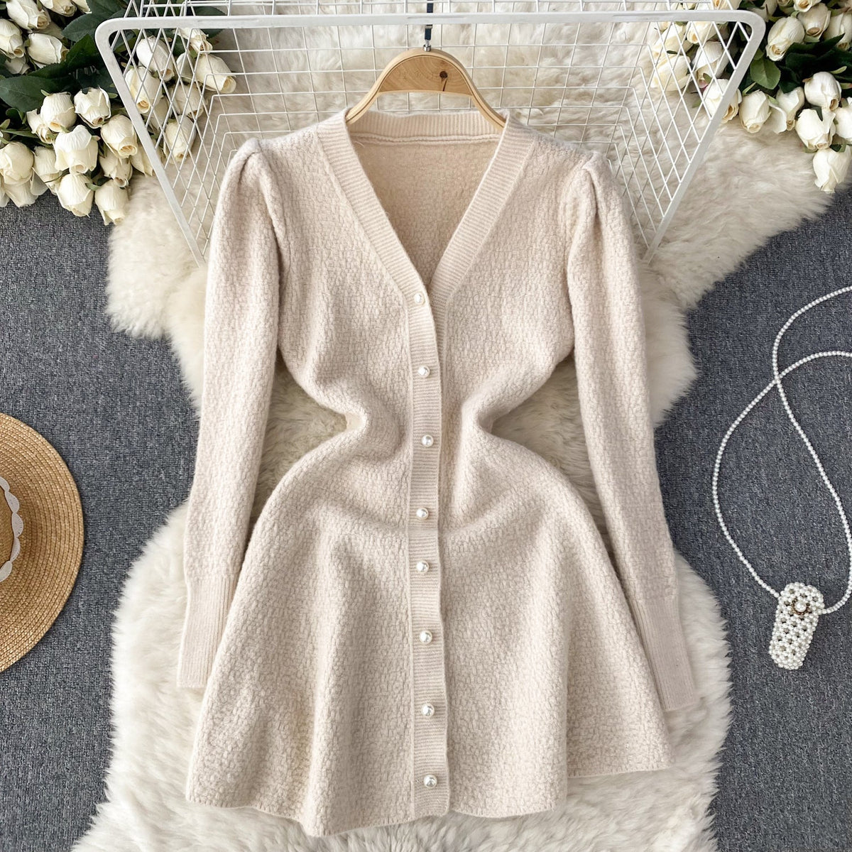 French Style V-neck Knitted Dress