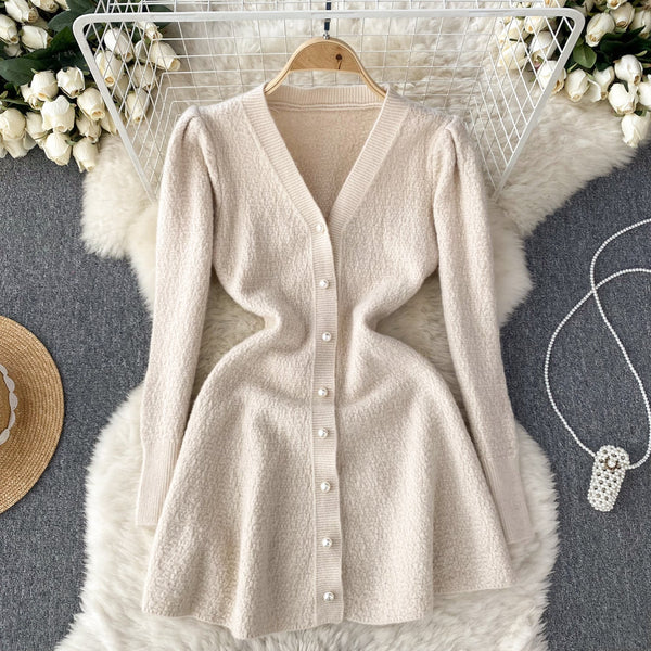 French Style V-neck Knitted Dress