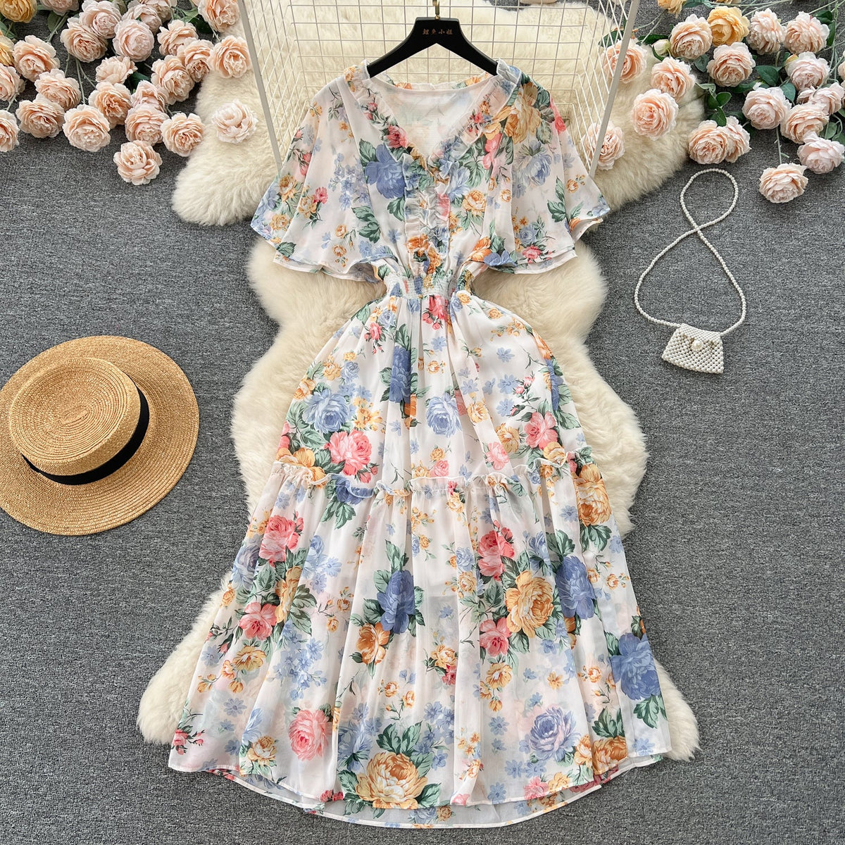 Mori Flared Sleeve Floral Chiffon Dress