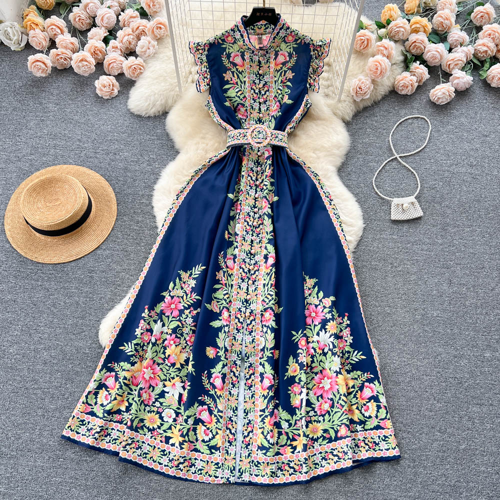 Ethnic Sleeveless Ruffled Floral Dress