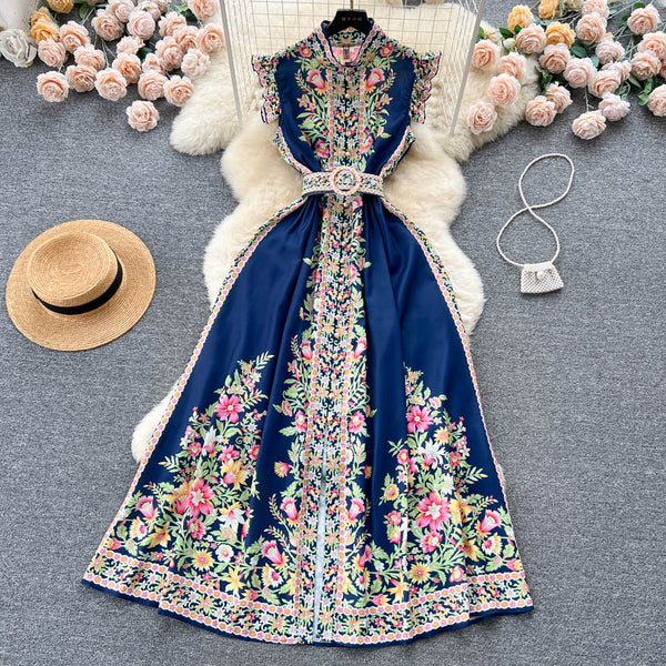 Ethnic Sleeveless Ruffled Floral Dress