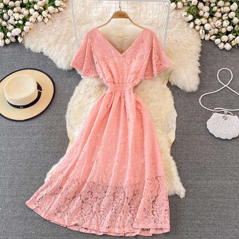 V-neck Floral Embroidered Lace Dress