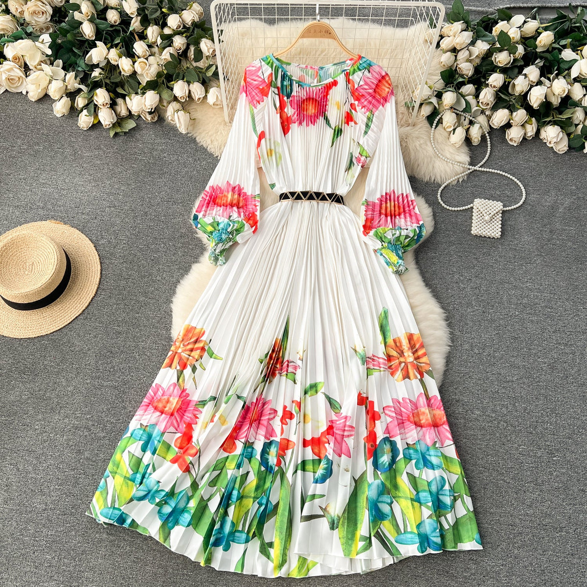 Courtly Flared Sleeve Floral Dress