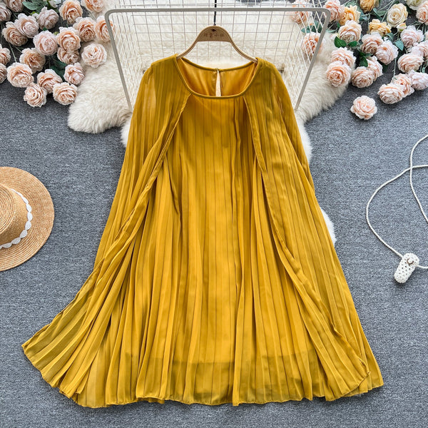 Solid Color Pleated Cape Dress