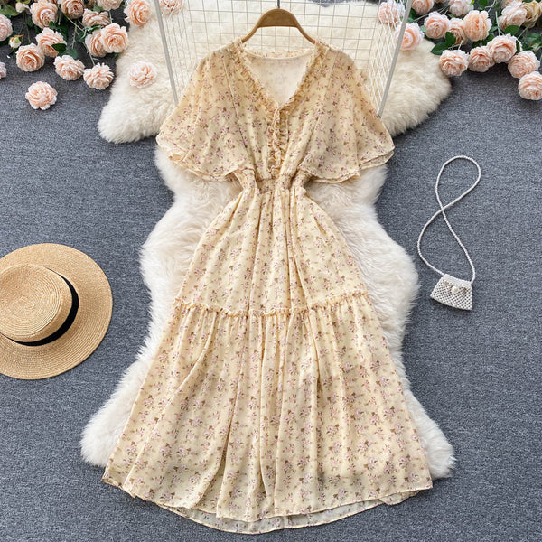 Vintage Pleated Short Sleeve Floral Dress