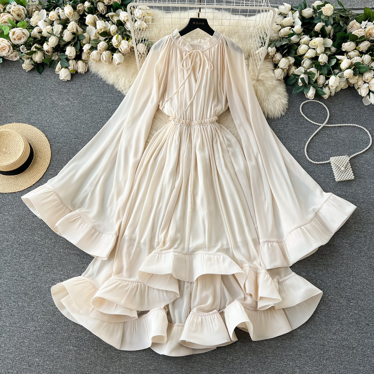 V-neck Lace-up Flared Sleeve Dress