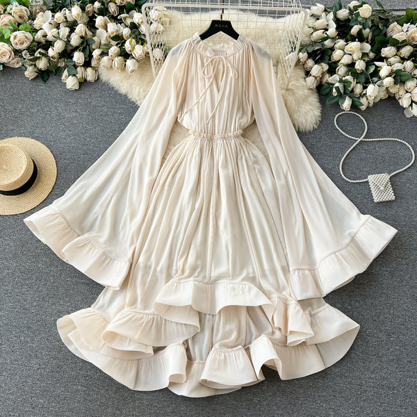 V-neck Lace-up Flared Sleeve Dress
