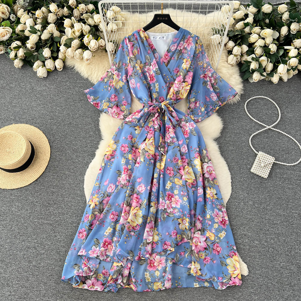 Flared Sleeve V-neck Floral Dress