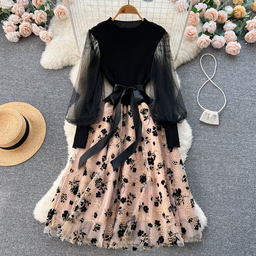 Floral Mesh Patchwork Black Dress