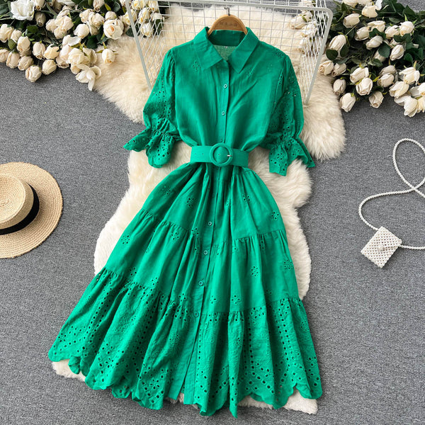 Puff Sleeve Hollowed Embroidered Dress