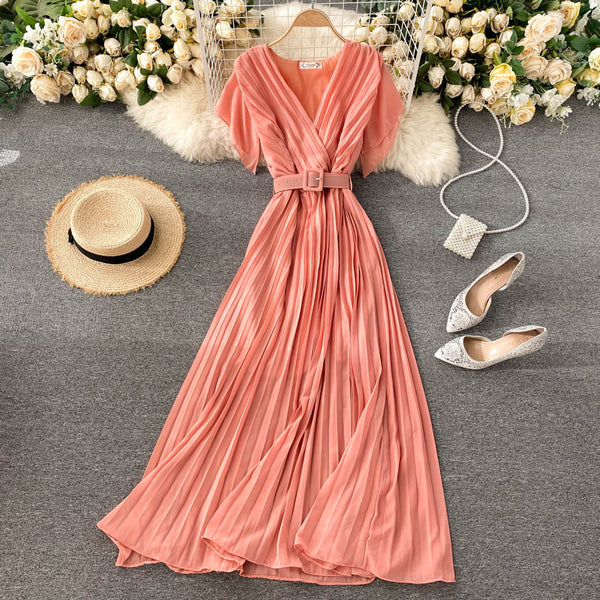 Solid Color Pleated Chiffon Dress