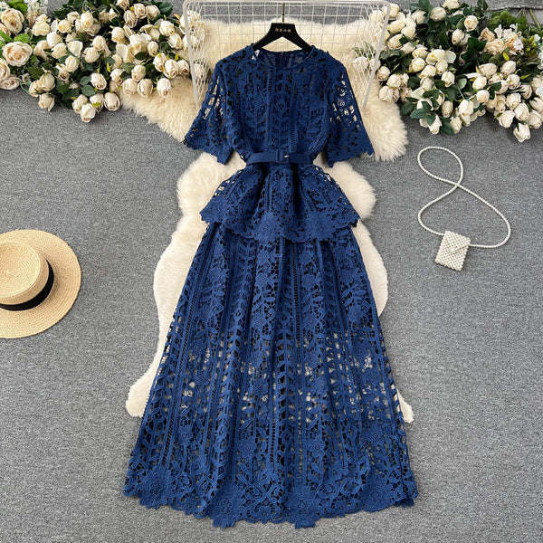 Hollowed Crochet Lace Solid Dress