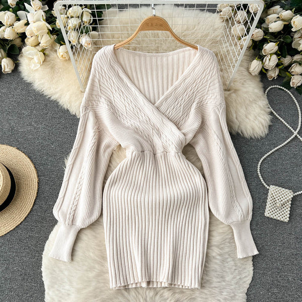Vintage V-neck Waist-slimming Knitted Dress