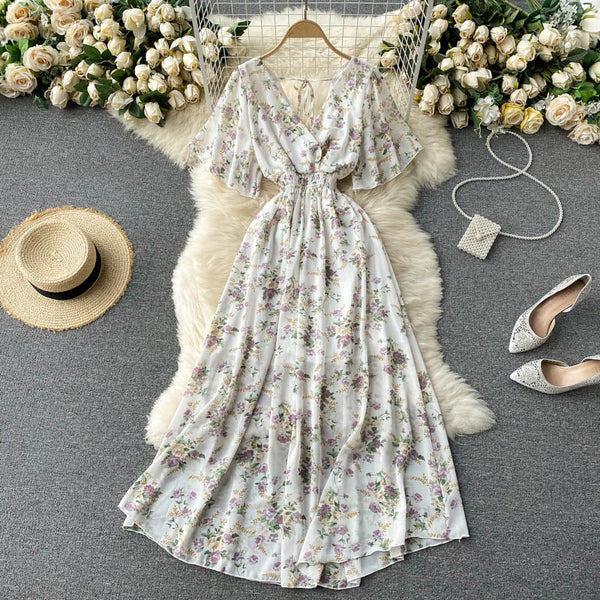 V-yaka Slim Chiffon Çiçekli Elbise